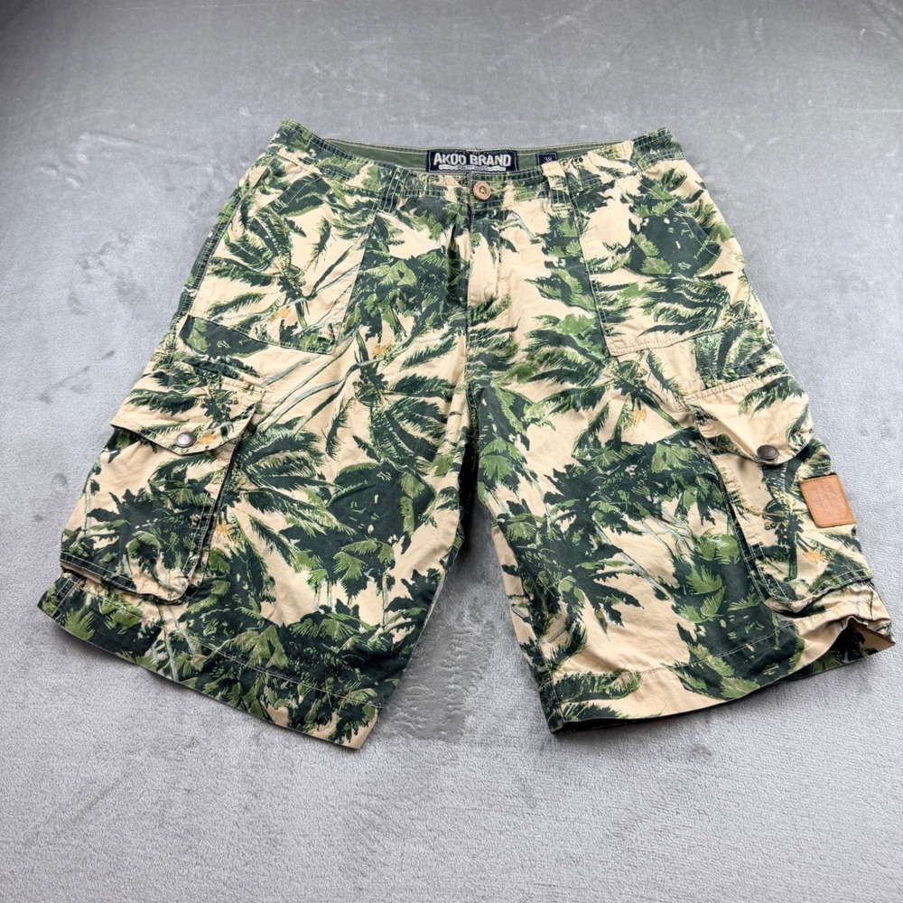 AKOO Brand Men's 38 Cargo Shorts Green Palm Tree Tropical Cotton Casual Summer